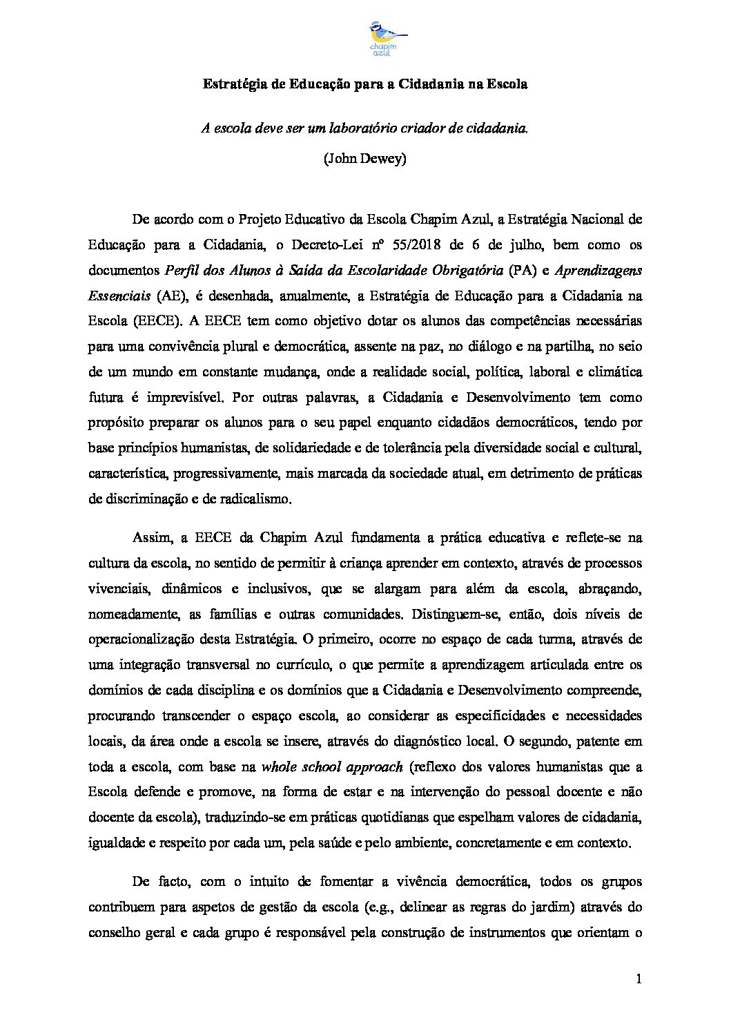 Estratégia de Educação para a Cidadania na Chapim Azul